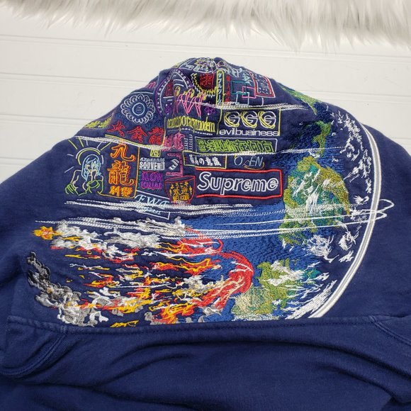 Supreme Other - Supreme Globe Zip Up Hooded Sweatshirt Navy Blue Men’s Size Medium Embroidered